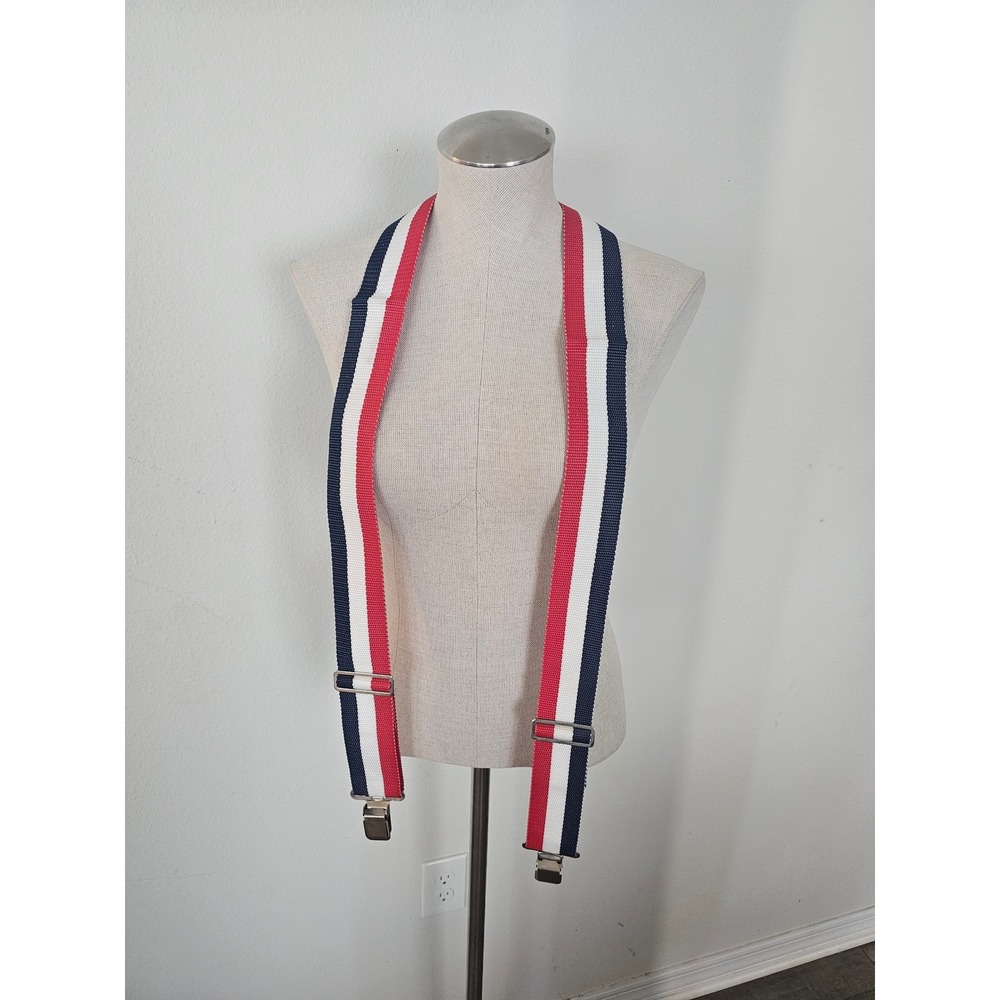Popular Mechanics Mens Suspenders Red White Blue Striped USA Made X-Back Clips